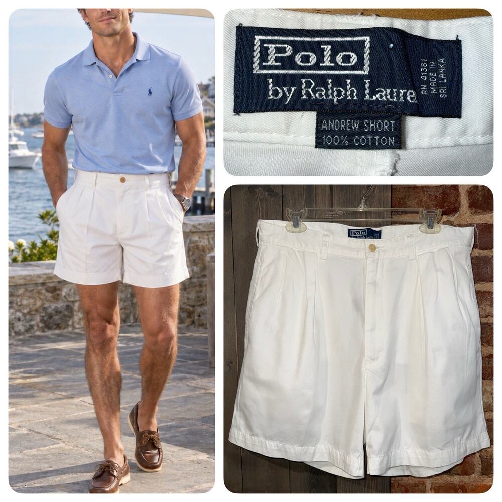 Polo Ralph Lauren Andrew Short 34x5 White Pleated Cotton Twill Preppy Classic